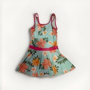 Boutique Girl 140cm Floral Kids Skirted Swim One Piece Dress Tropical Pink Aqua